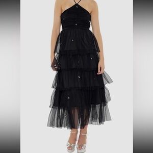 LIKELY Black Tiered Tulle Gown with Rhinestone Hands – Size 4